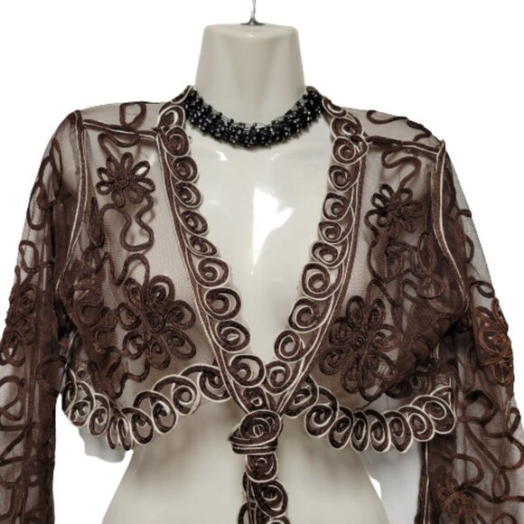 Brown Crop Jacket Bolero Top Sheer Mesh Lace Bolero Shrug Cover Up Size M - Picture 3 of 13